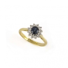 18k Yellow Gold Sapphire and Diamond Cluster Ring